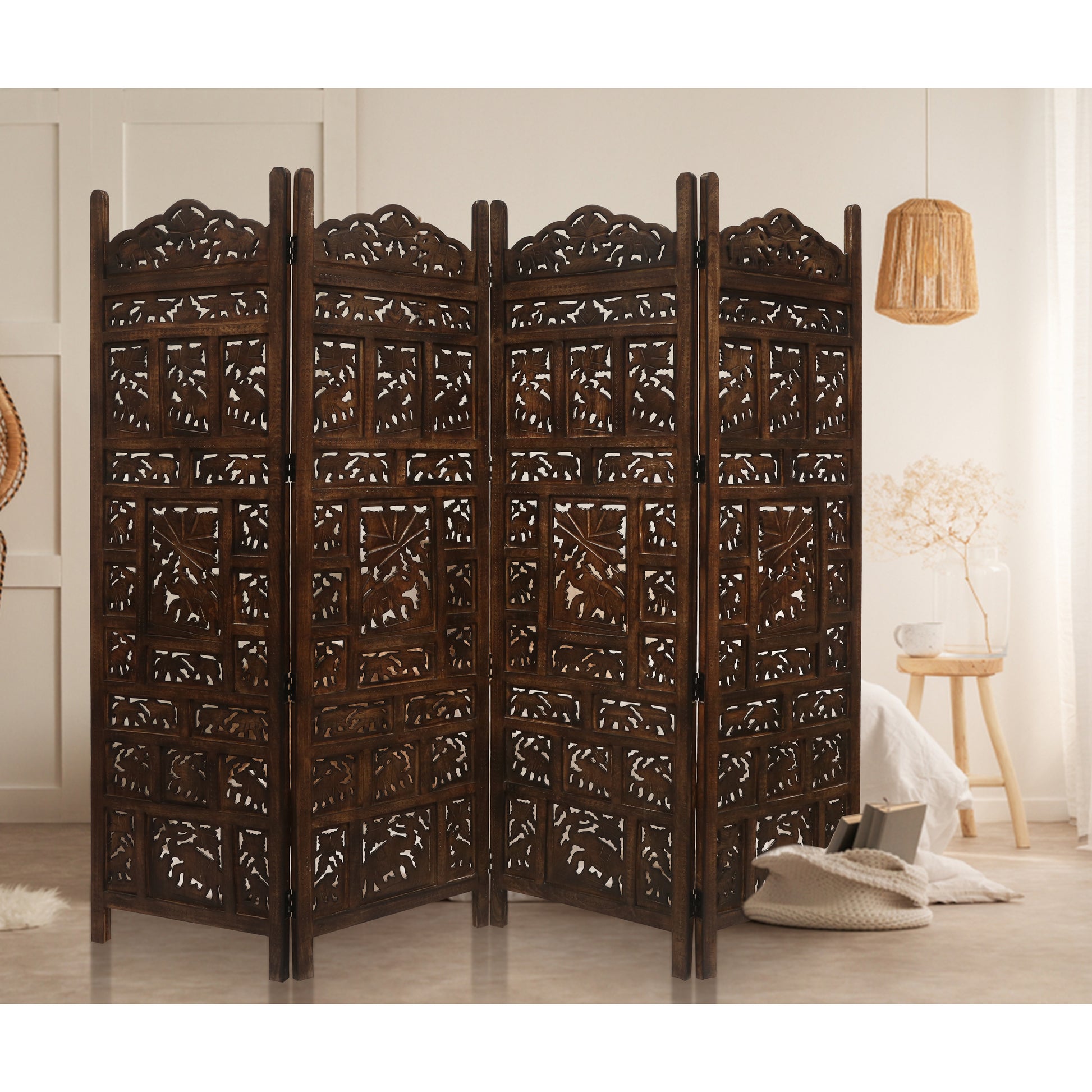 4 Panel Room Divider Screen Privacy Shoji Timber Wood Stand - Burnt