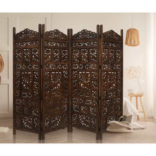 4 Panel Room Divider Screen Privacy Shoji Timber Wood Stand - Burnt
