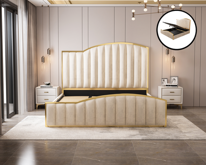 Elegant Luxury King Size Bedframe In Beige With Gas Lift Storage