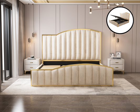Elegant Luxury King Size Bedframe In Beige With Gas Lift Storage