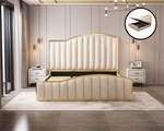 Elegant Luxury King Size Bedframe In Beige With Gas Lift Storage
