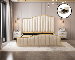 Elegant Luxury King Size Bedframe In Beige With Gas Lift Storage