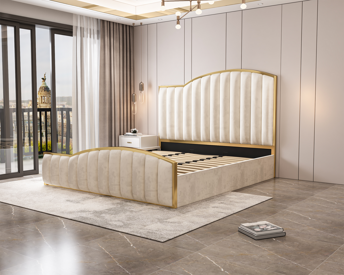 Elegant Luxury King Size Bedframe In Beige With Gas Lift Storage