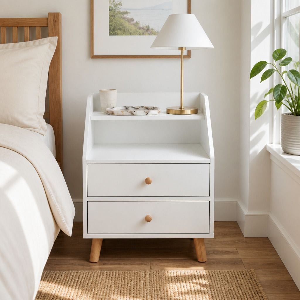 Bedside Table Warm White Wooden Legs 47x39x61cm