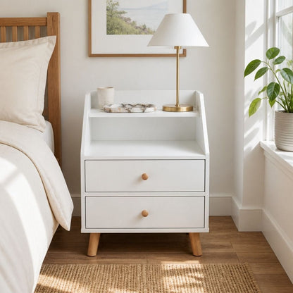 Bedside Table Warm White Wooden Legs 47x39x61cm