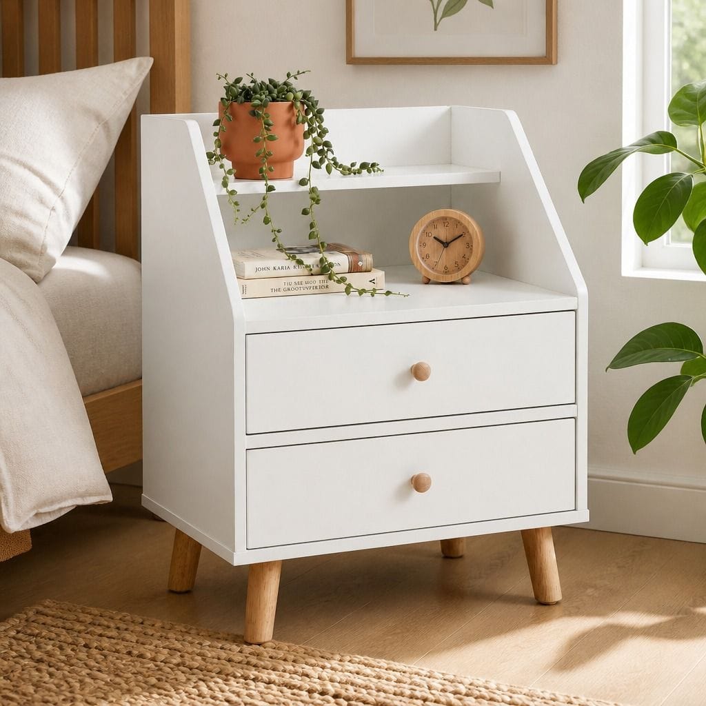 Bedside Table Warm White Wooden Legs 47x39x61cm