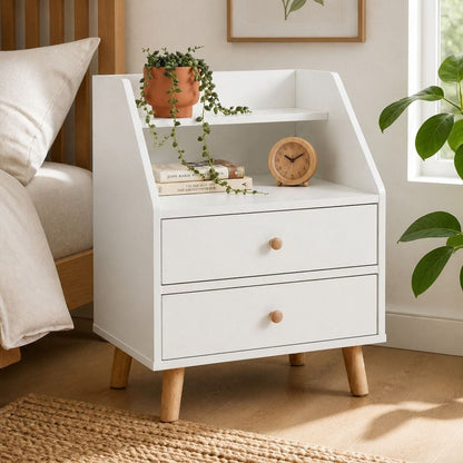 Bedside Table Warm White Wooden Legs 47x39x61cm