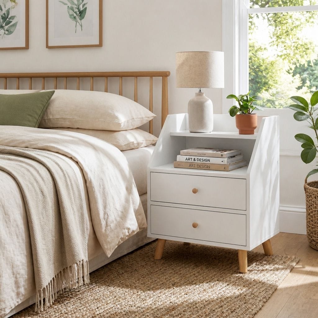 Bedside Table Warm White Wooden Legs 47x39x61cm