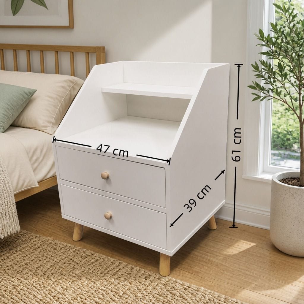 Bedside Table Warm White Wooden Legs 47x39x61cm