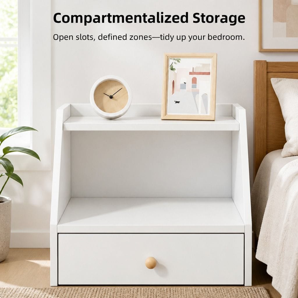 Bedside Table Warm White Wooden Legs 47x39x61cm