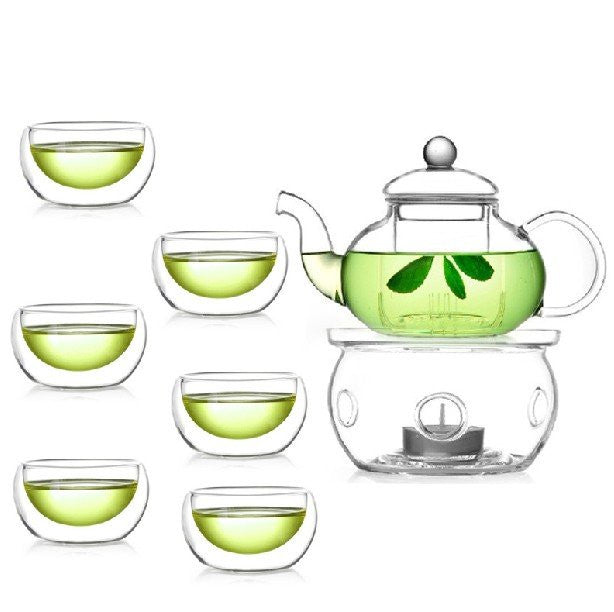 Gongfu Chinese Ceremony Tea Set - 6 Glass Cups With Infuser