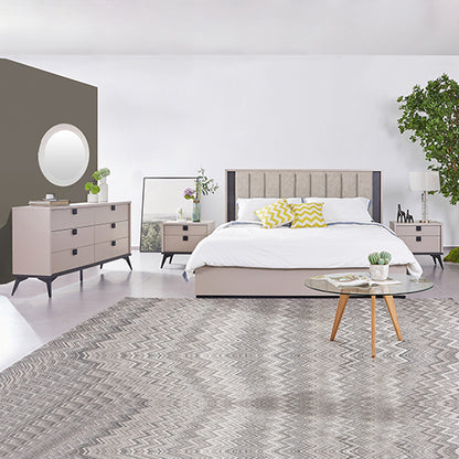 Modern Queen Bedroom Suite - Champagne & Black Upholstery with Dresser