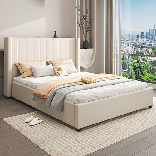 King Size High Rise Headboard Linen Beige Fabric Four Mdf Drawers