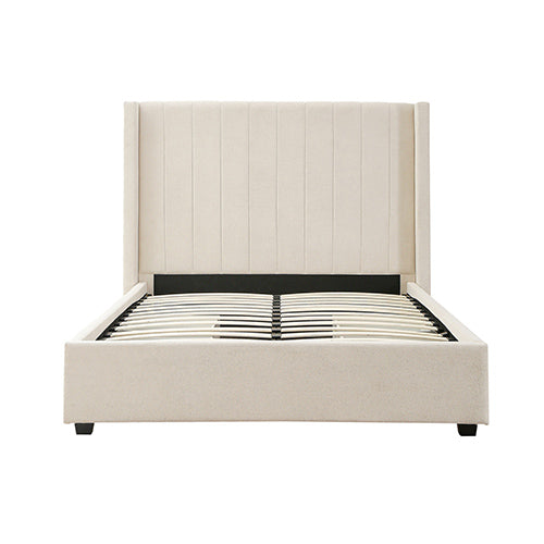 King Size High Rise Headboard Linen Beige Fabric Four Mdf Drawers