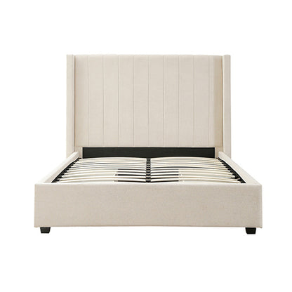 King Size High Rise Headboard Linen Beige Fabric Four Mdf Drawers