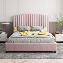 Camelia King Single Size Bed Frame Pink Velvet Upholstery High