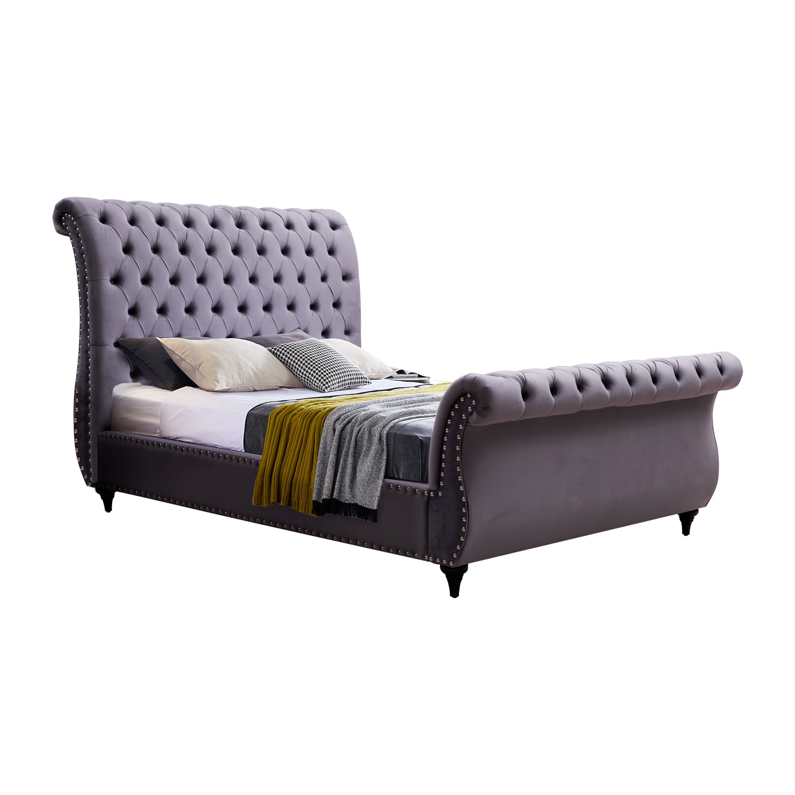 Queen Size Sleigh Bedframe Velvet Upholstery Grey Colour Tufted