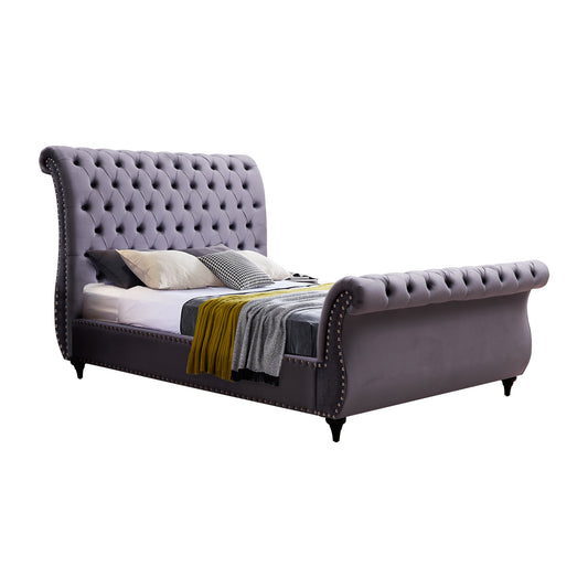 Queen Size Sleigh Bedframe Velvet Upholstery Grey Colour Tufted