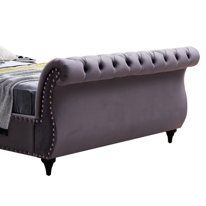 Queen Size Sleigh Bedframe Velvet Upholstery Grey Colour Tufted
