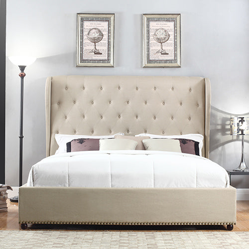  Stylish Queen Bed Frame with Beige Fabric and High French Provincial Headboard