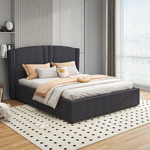 Roman Bed Frame Queen Size Black Velvet Fabric With Gas Lift Plywood
