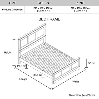 Queen Bed Frame In Solid Wood With Slats Support In Grey Colour