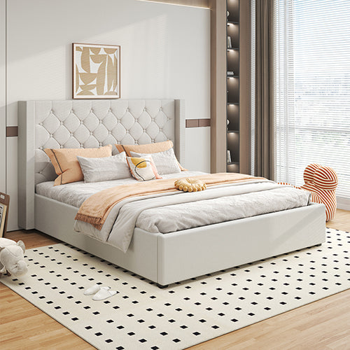 Veronica Bed Frame Double Size Winged Grey Linen Fabric Seam Grid