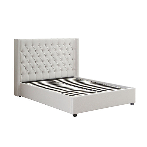 Veronica Bed Frame Double Size Winged Grey Linen Fabric Seam Grid