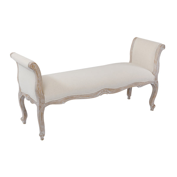  Oak Wood Linen Fabric Beige White Washed Finish Bench Chair