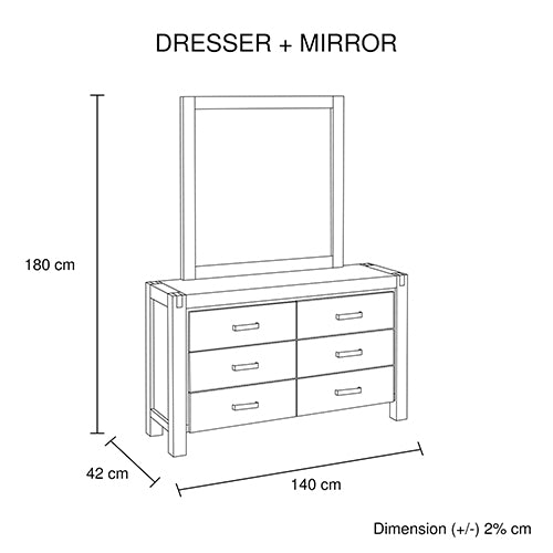 Dresser With 6 Storage Drawers In Solid Acacia & Veneer With Mirror