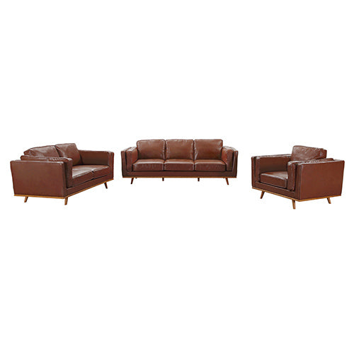  Brown Leather 3+2 Seater Sofa With Wooden Frame