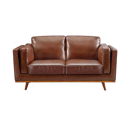 Brown Leather 3+2 Seater Sofa With Wooden Frame
