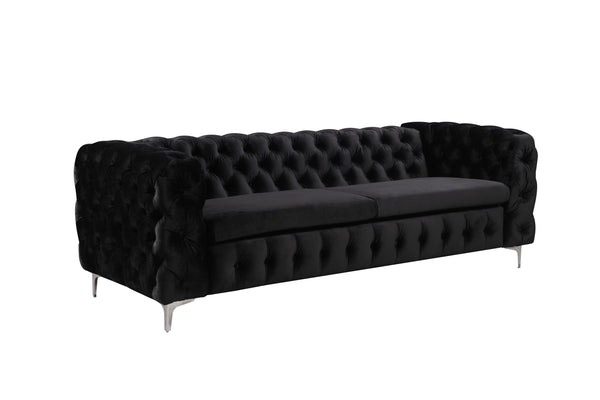  3 Seater Sofa Classic Button Tufted Lounge in Black Velvet Fabric with Metal Legs