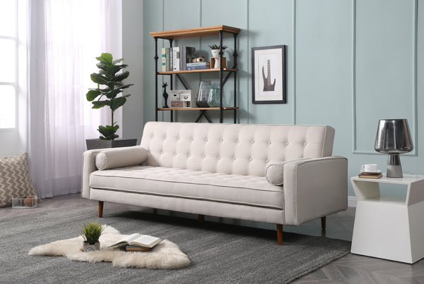  Beige Fabric 3-Seater Button-Tufted Sofa Bed