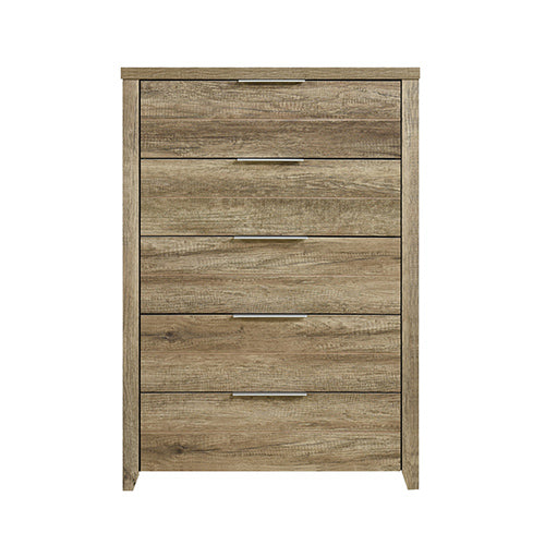 Oak-Colored Tallboy With 5 Storage Drawers