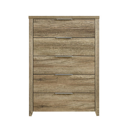Oak-Colored Tallboy With 5 Storage Drawers