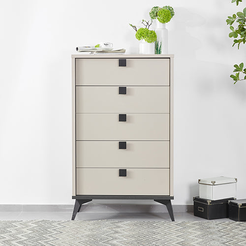  Modern Tallboy with 5 Drawers - Champagne & Black