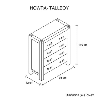 Oak Wooden Tallboy With 4 Storage Drawers