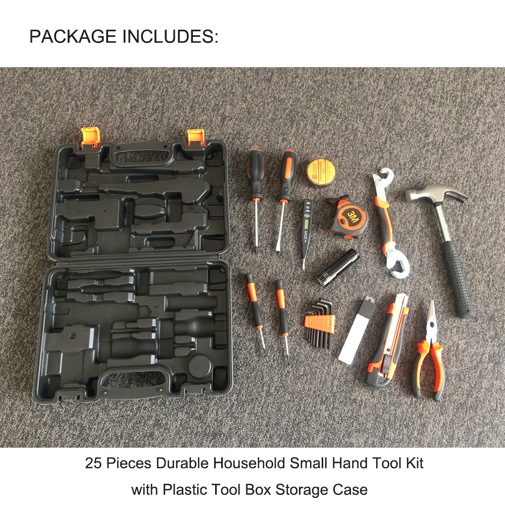 25Pcs Household Hand Tools Set Kit Box with Hard Storage Case