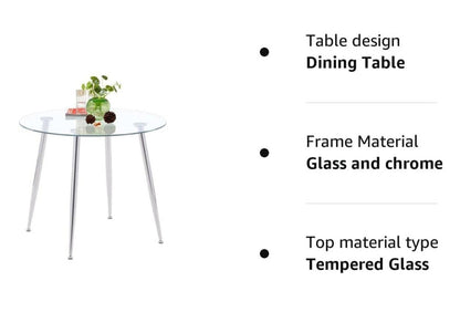 Modern Round Kitchen Table with Spacious Tempered Glass Tabletop & Legs