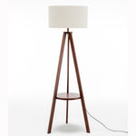 Wooden Tripod Floor Lamp W/ Round Shelf + Off White Linen Shade - Cherry