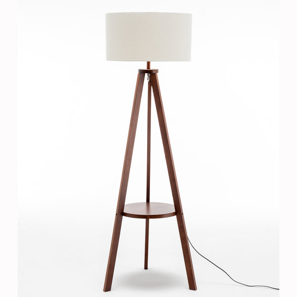  Wooden Tripod Floor Lamp W/ Round Shelf + Off White Linen Shade - Cherry