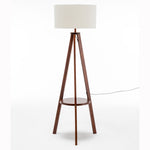 Wooden Tripod Floor Lamp W/ Round Shelf + Off White Linen Shade - Cherry