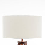 Wooden Tripod Floor Lamp W/ Round Shelf + Off White Linen Shade - Cherry