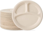 Disposable Sugarcane Bagasse 3-Compartment Paper Plates Eco 23Cm (9
