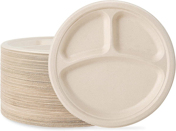  Disposable Sugarcane Bagasse 3-Compartment Paper Plates Eco 23Cm (9