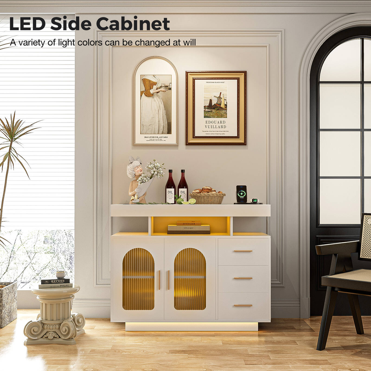 Buffet Sideboard Cabinet With RGB LED Light and Charging Station 
