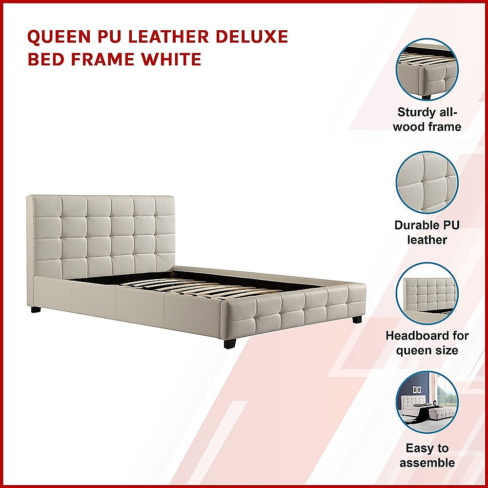 Queen Pu Leather Deluxe Bed Frame White - 206×162cm