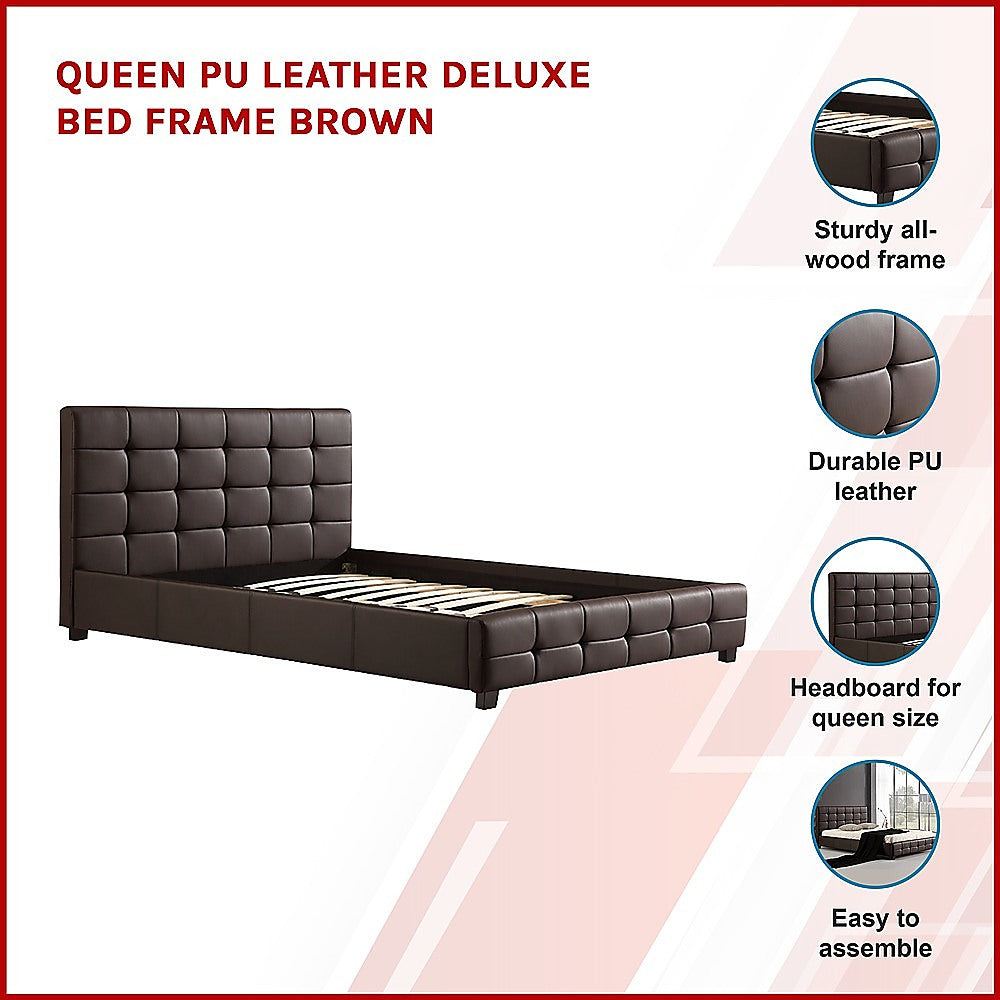 Queen Pu Leather Deluxe Bed Frame Brown