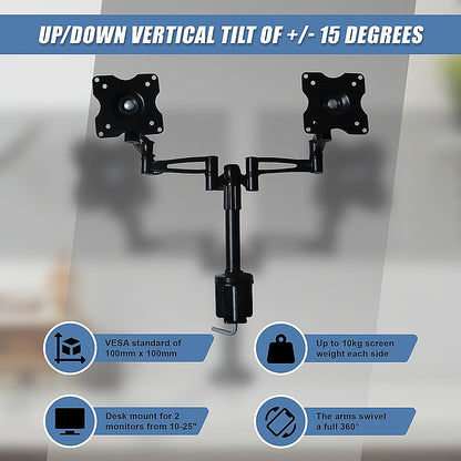 Two-Screen 10-25" Desk Monitor Tv Plasma Led Lcd Work Mount